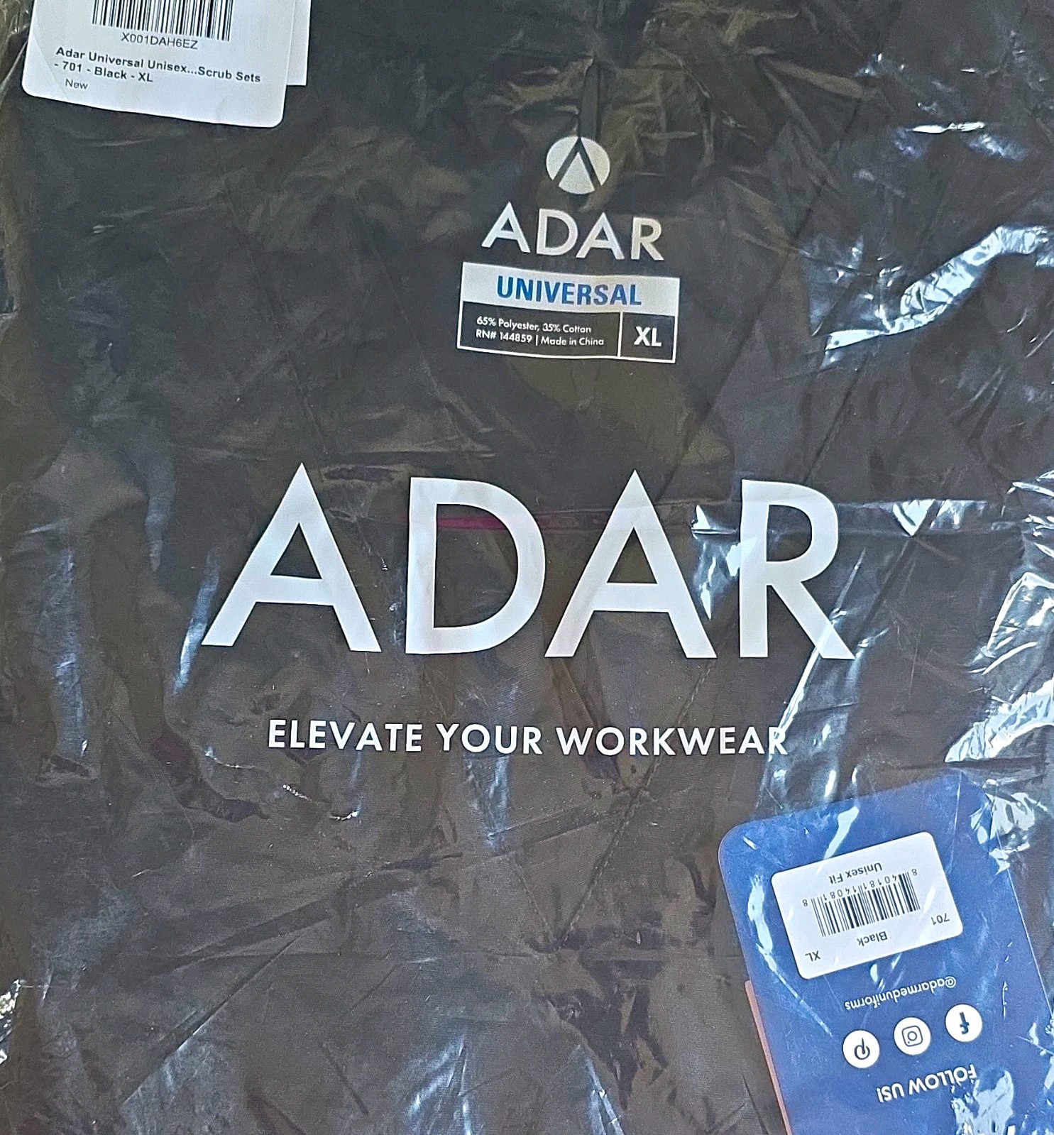 Adar Unisex Medical Scrub Set Black XL Style 701 Poly/Cotton Solid Knit