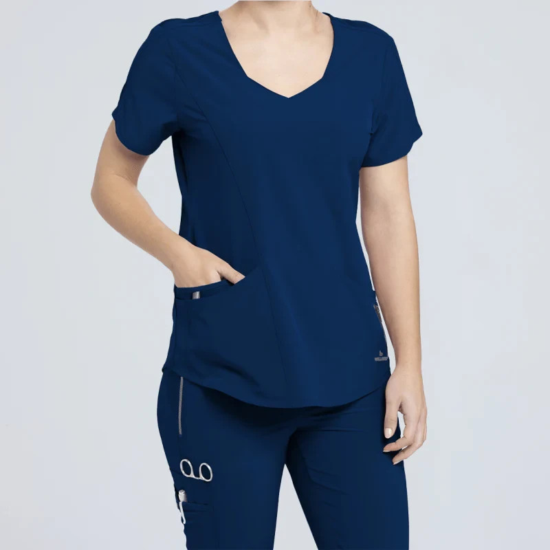 BARCO ONE WELLNESS WOMEN CURVED NECK SCRUB TOP IN NAVY BLUE ALL SIZES #BWT071