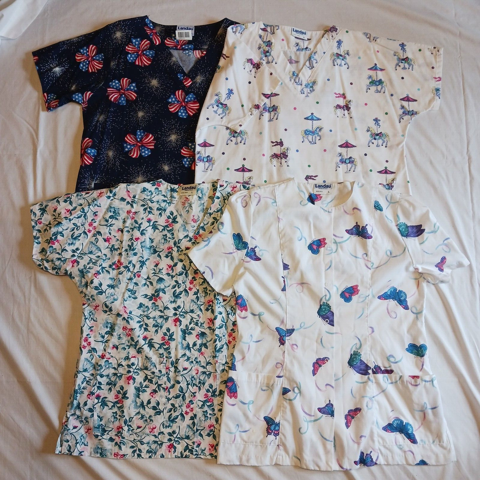 4pc Landau Women’s L Scrubs 4 Tops Floral Flag Horse Butterfly nursing