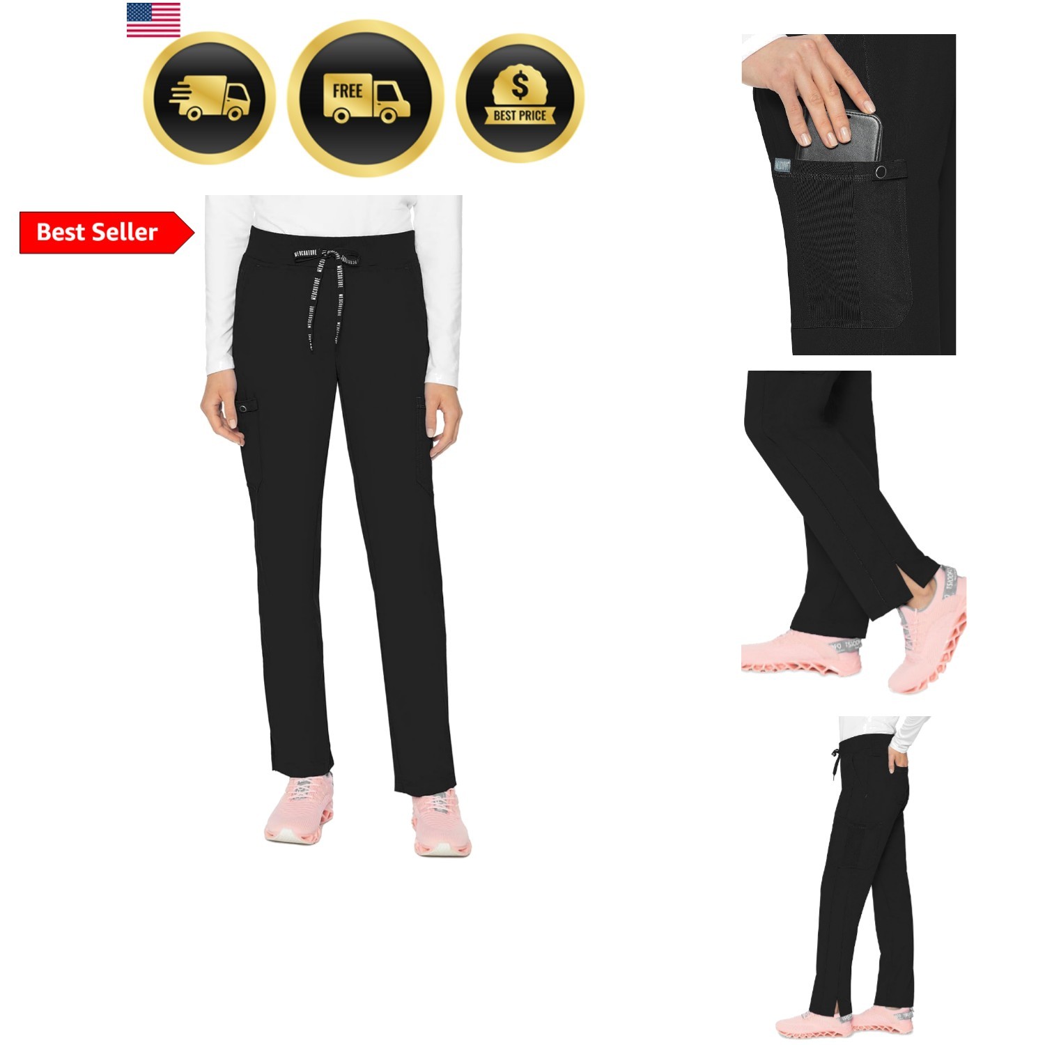 Scrub Pants for Women, Jersey Waist Yoga Bottoms, 6 Pockets with Mid Rise Dra…
