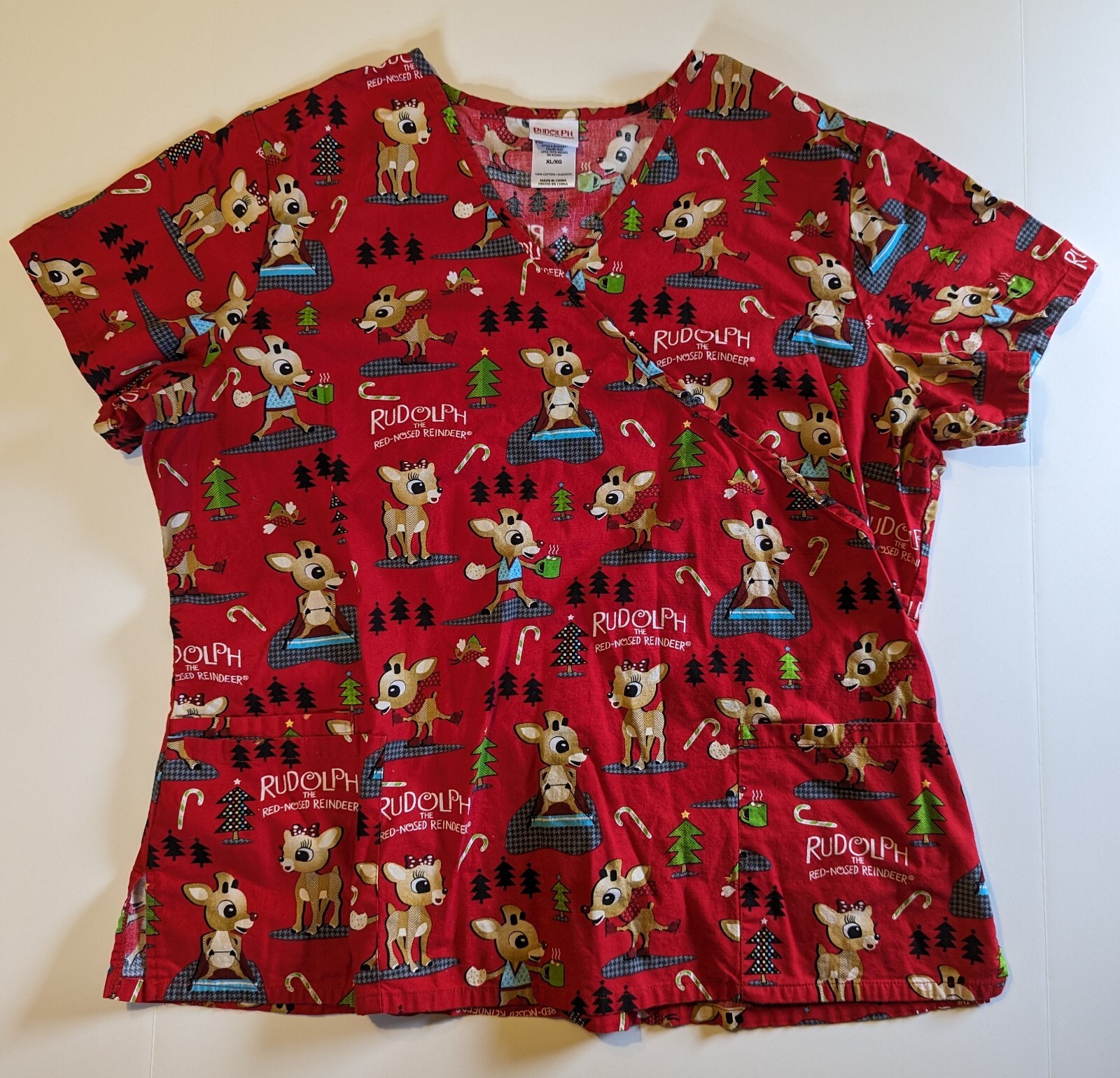 Rudolph the Red Nosed Reindeer Christmas Scrub Shirt Top Peds Dentist Vet