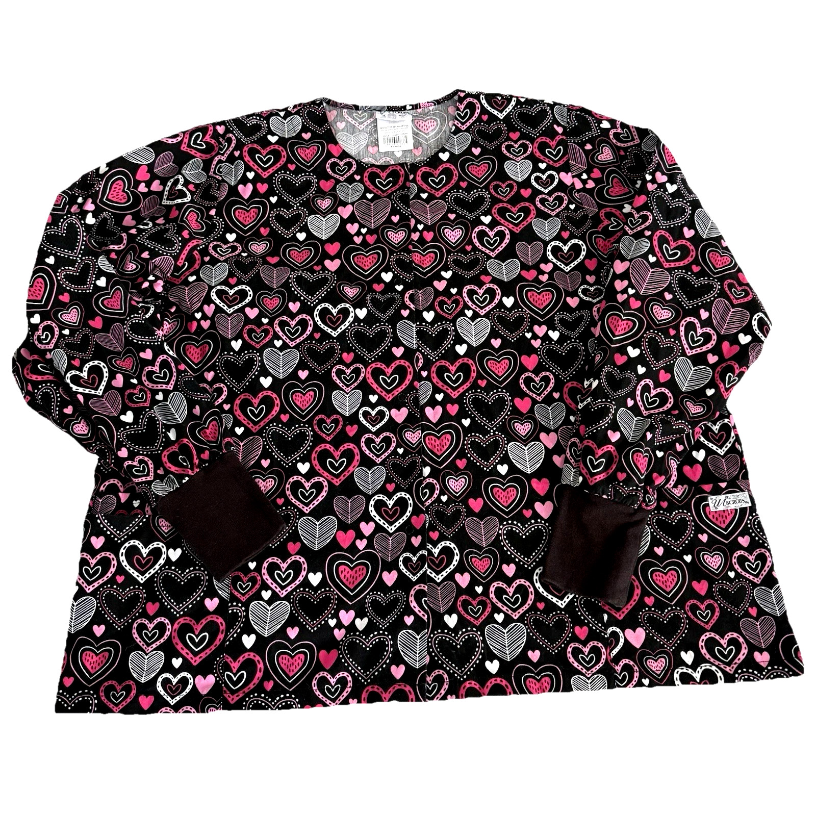 UA Scrubs Hearts Valentine’s Day Black Pink Fuchsia Scrub Jacket Top Sz XL