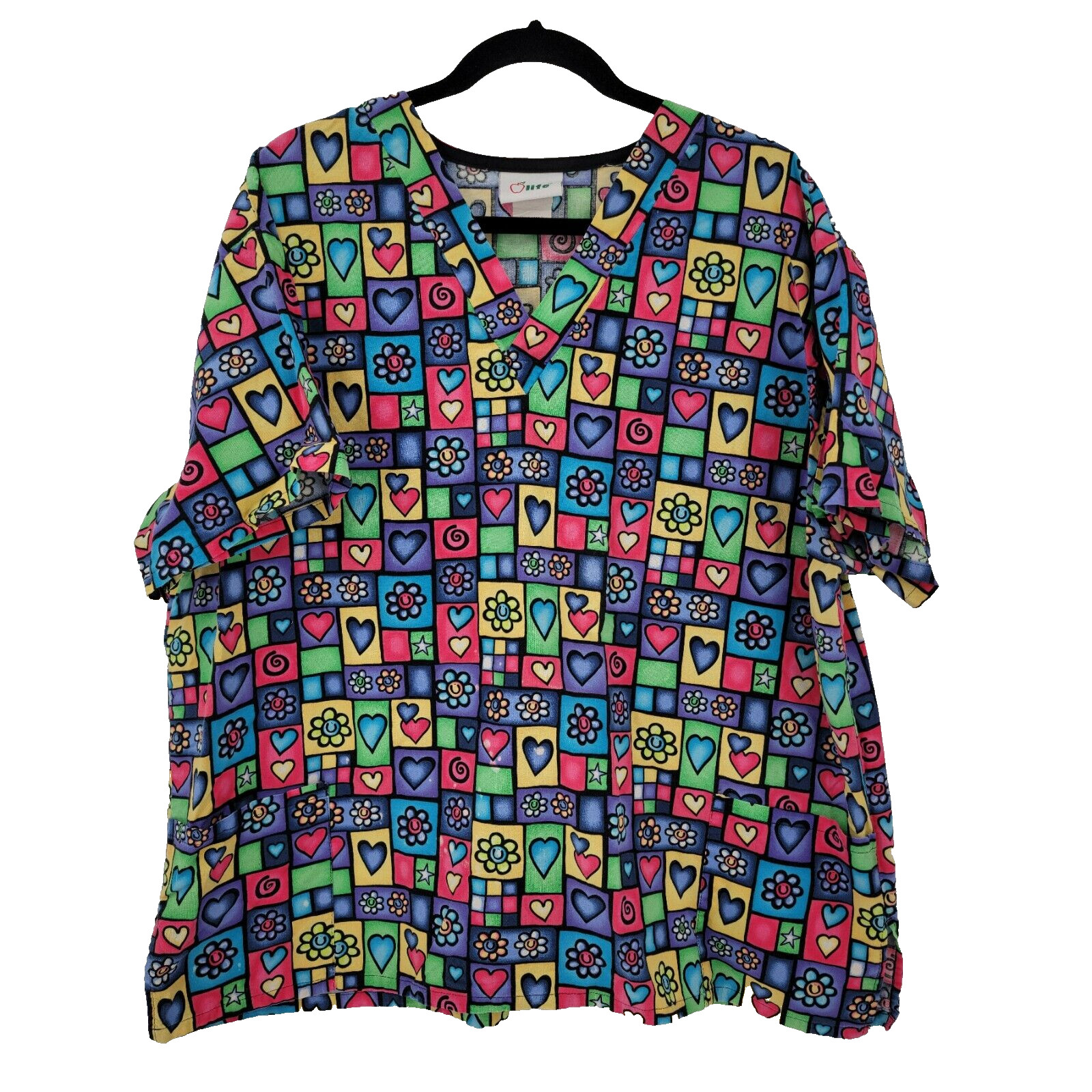 Apple Life Women’s XL Bright Colorful Flowers & Hearts Multicolor Scrub Top