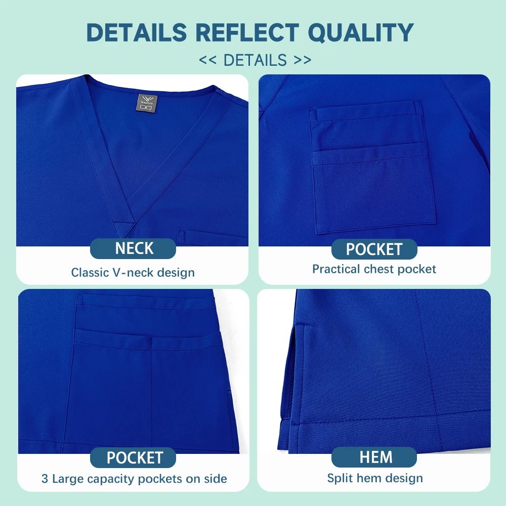 2pcs/set Medical Uniform Nursing Scrub Men Women V-Neck Straight Multi-pocket