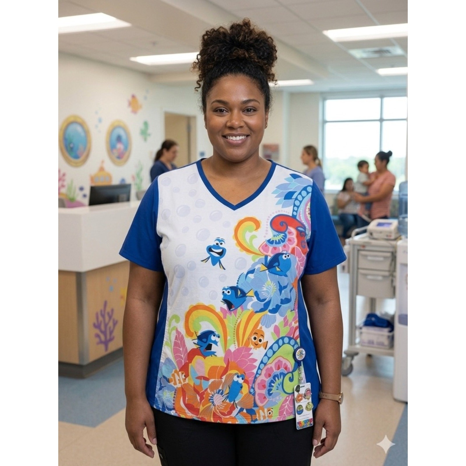 Disney Pixar Finding Dory Scrub Top 2X Blue Nemo Nurse Floral Cute