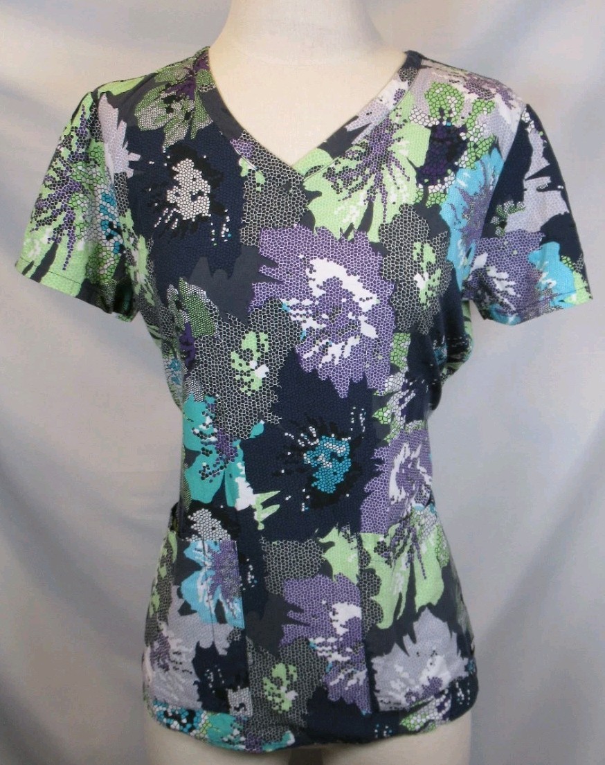 Womens Greys Anatomy Scrub Top Navy Blue Green Purple Floral M Medium