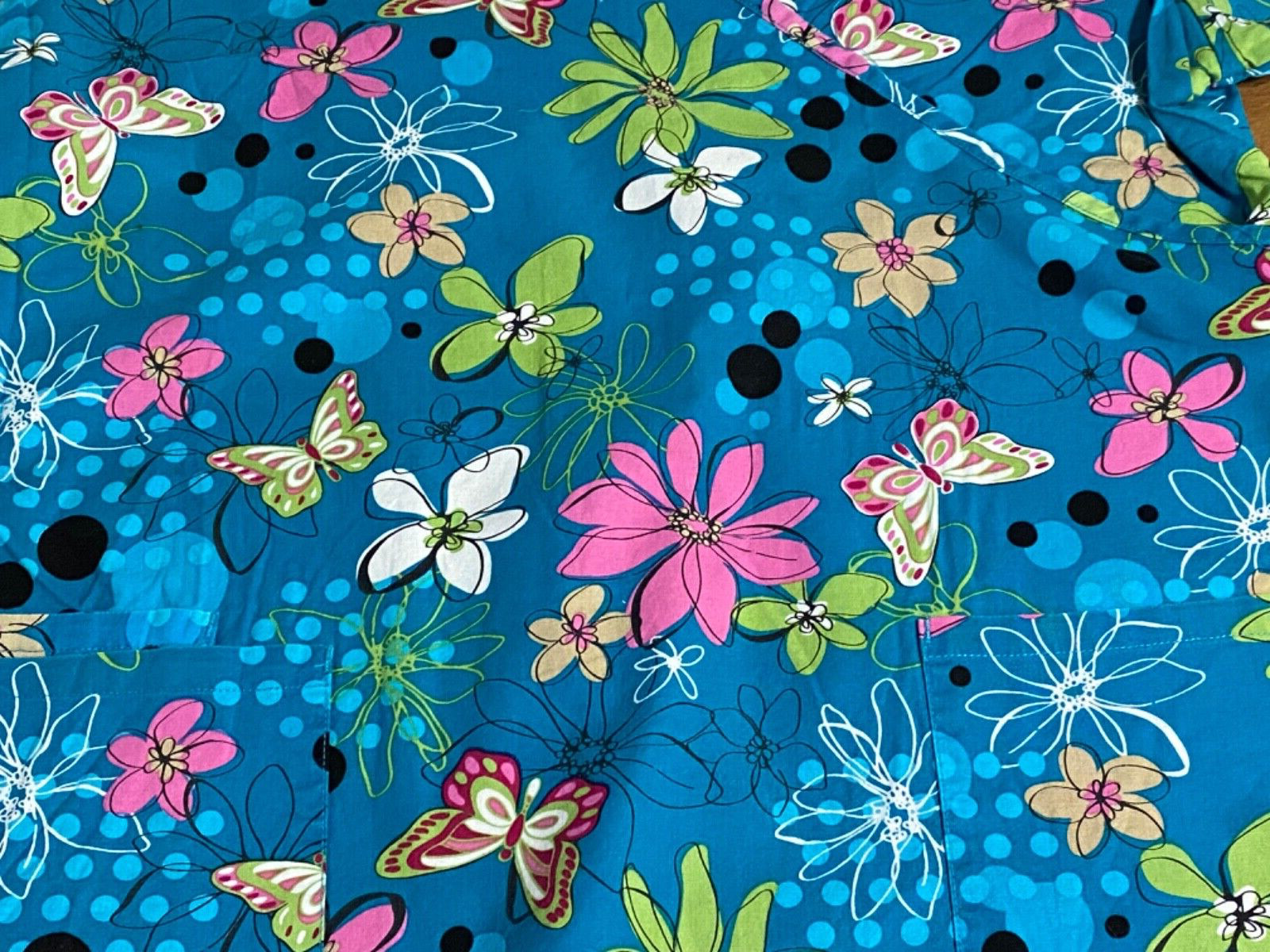 SB Scrubs Womens Medium Blue Floral Butterfly V-Neck Scrub Top Nurse Medical