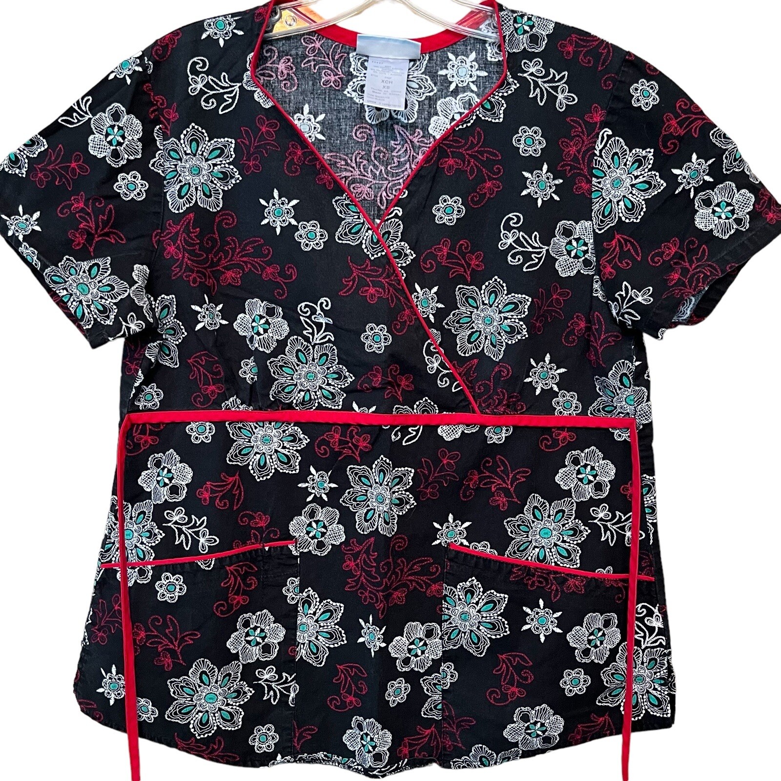 SB Scrubs Scrub Top Womens XS Black Red Wh Floral Mock Wrap VNeck Medical Dental