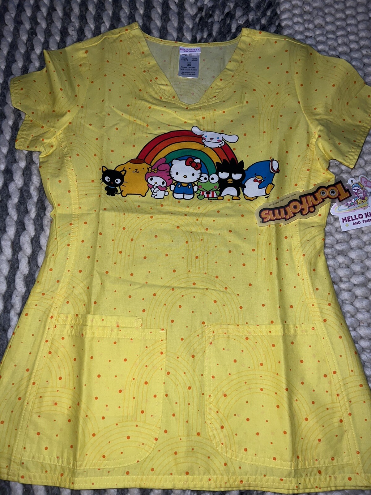 NWT Hello Kitty Scrubs Tooniforms Sanrio V Neck Top Women’s Sz XXS-S Cotton
