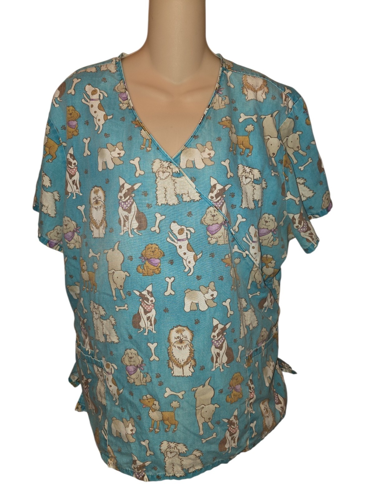 Dog Print Medical Scrub Top in Teal Blue Womens Xl Pockets Short Sleeve