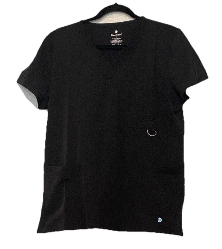 Centro Black Unisex Medical Scrub Top Size M Polyester Spandex Solid Pattern
