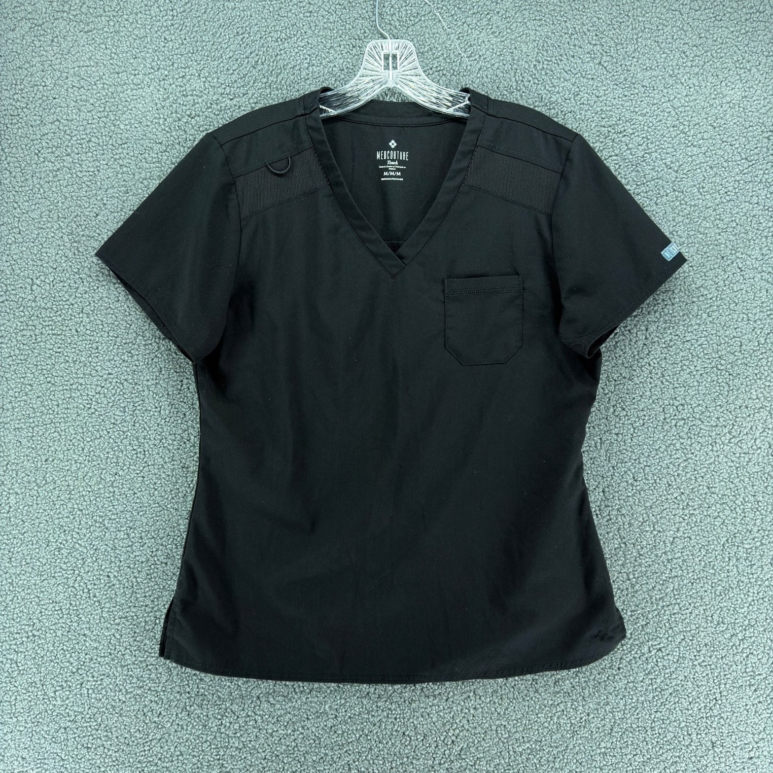 MedCouture Touch Womens M Black V Neck Scrub Top Stretch Short Sleeve Pocket
