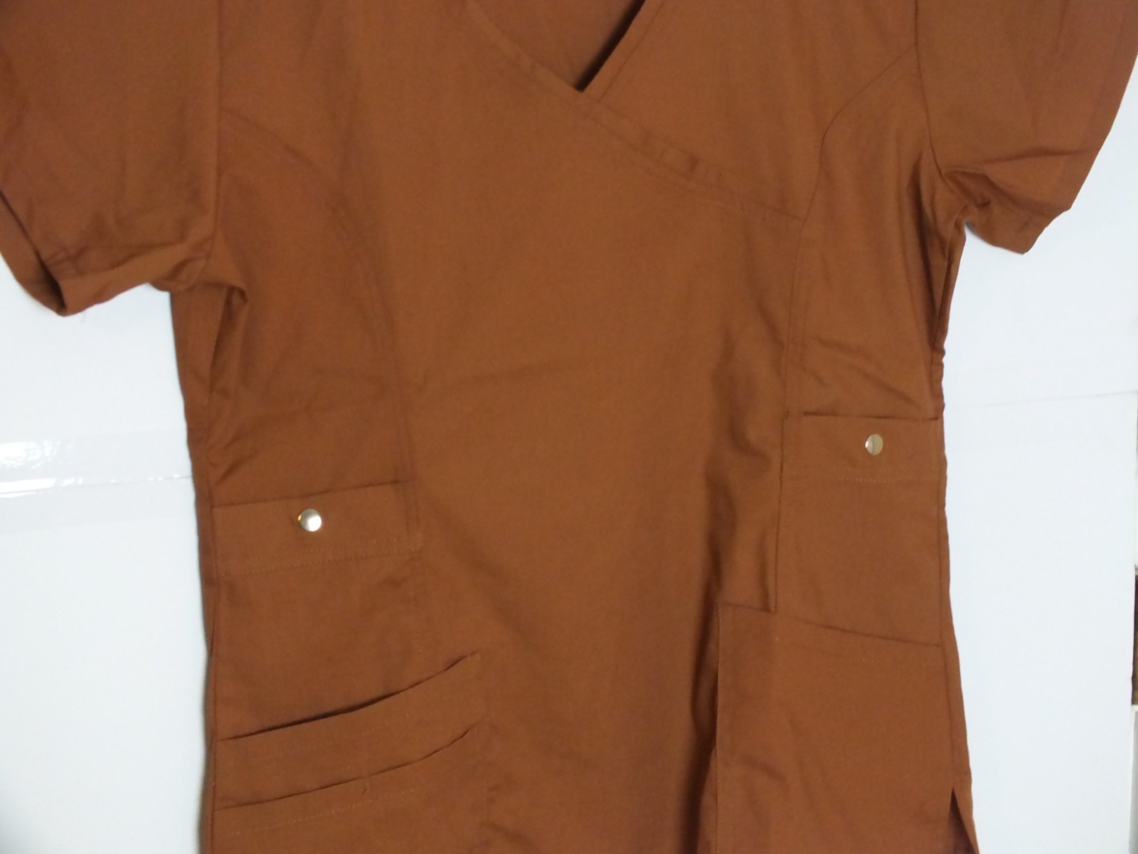 MG Medgear Brown Scrub Top, Size Med Metal Snap Button Pockets, Loop on Shoulder