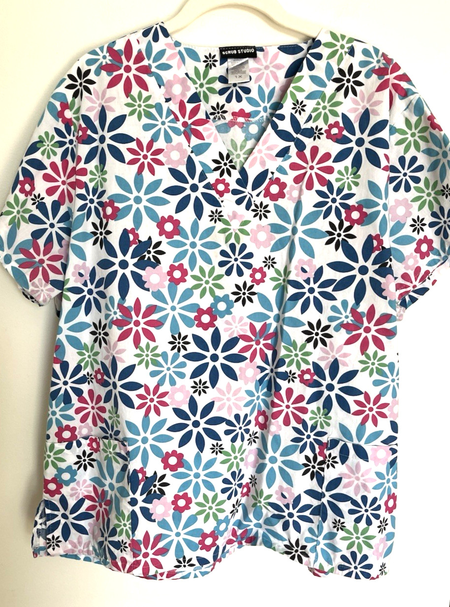 Scrub Studio Scrub Top Ladies Plus 1X Blue Pink Green Floral