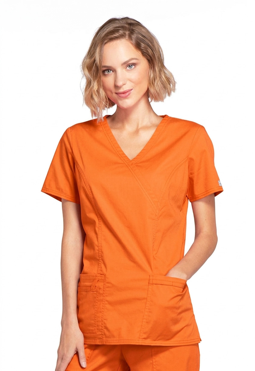 Cherokee Workwear Core Stretch Mock Wrap V-Neck 3-Pocket ID Badge Scrub Top 4728