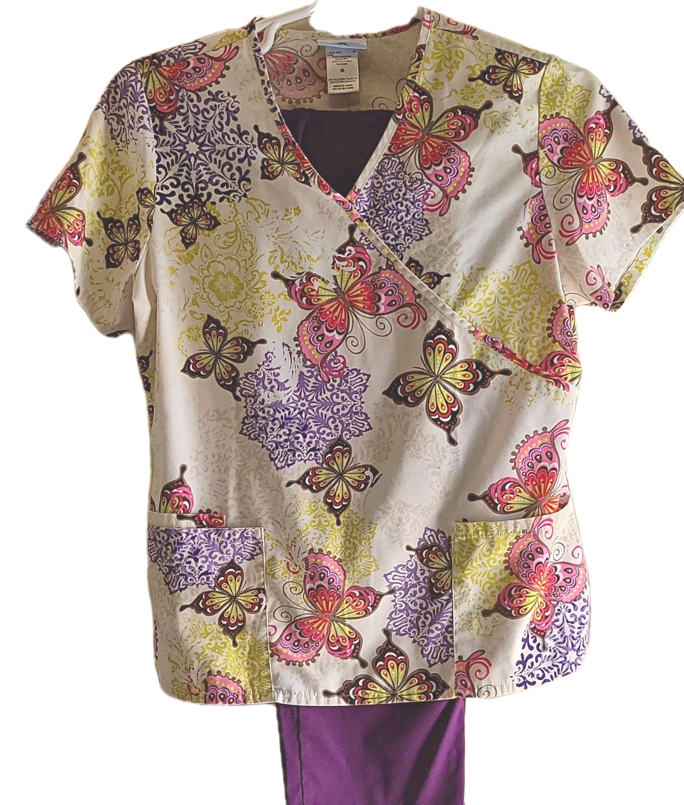 SB Scrubs Women’s M Purple/Multicolor Butterfly Polyester/Cotton Twill Scrub Set