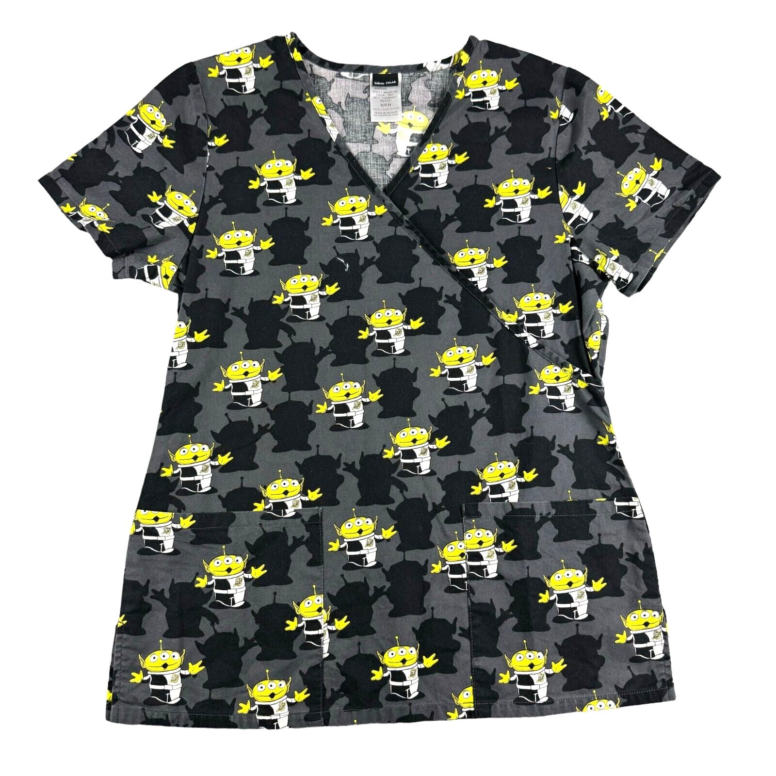 Disney Scrub Top Women’s Small Black Pixar Toy Story Alien Print Mock Wrap Shirt