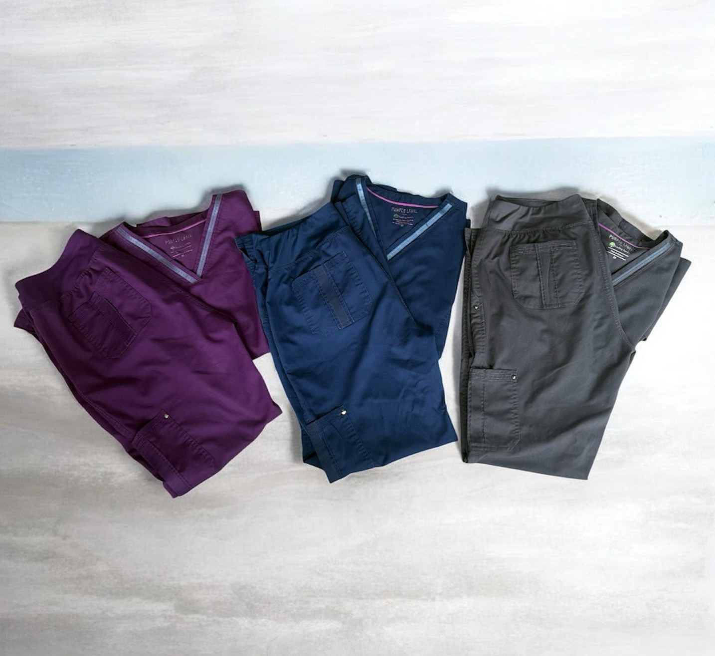 Scrub Set Lot (3 sets) Navy Blue Gray Purple Sz M Purple Label Healing Hands