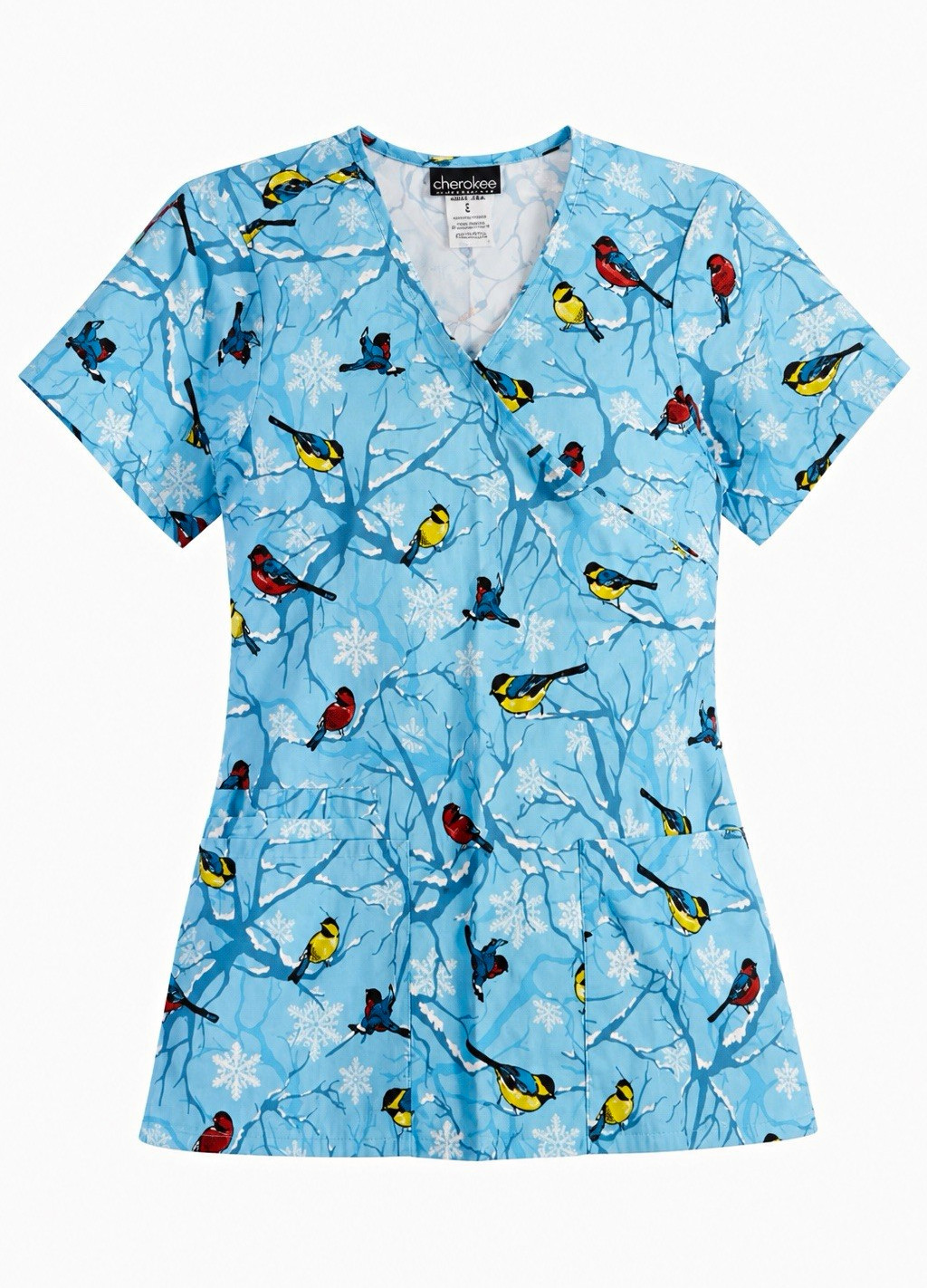 Cherokee Women’s Scrub Top V-Neck Short Sleeve S Bird Snowflake Print A048