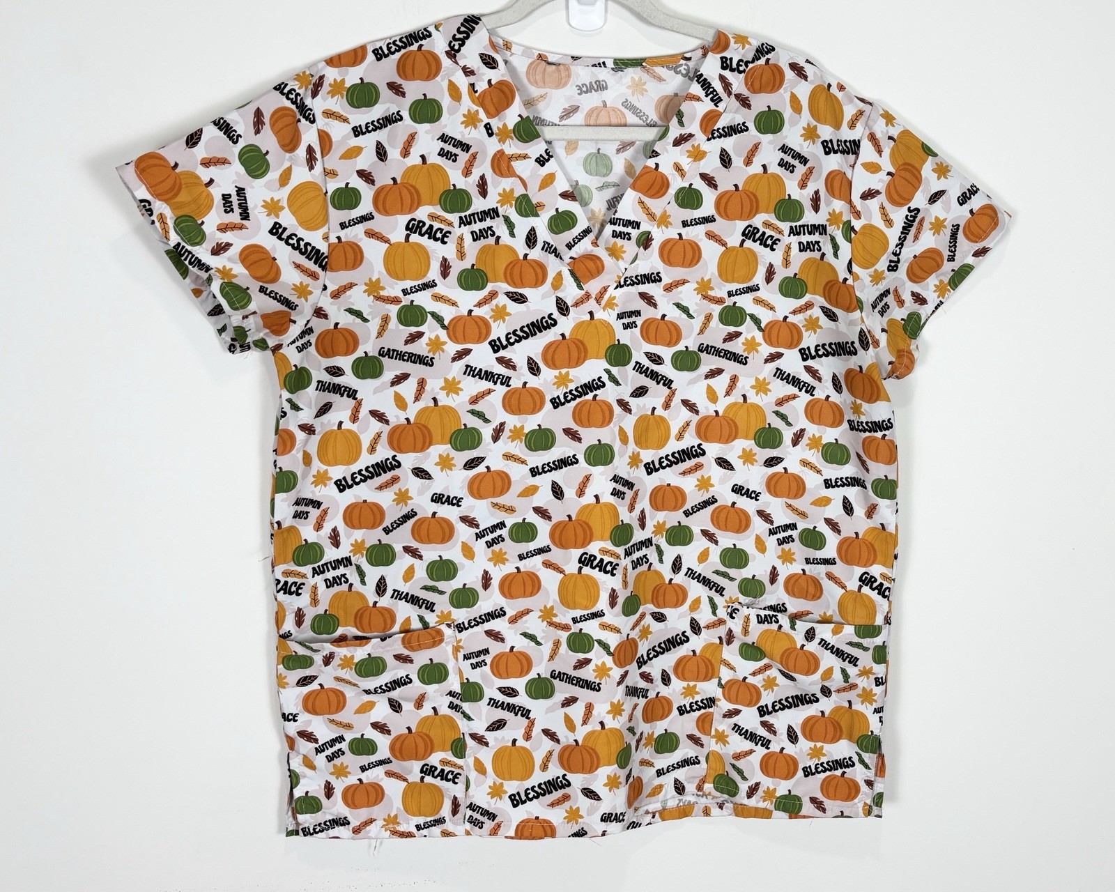 Fall Autumn Thanksgiving Scrub Top Pumpkins Women’s Size Large