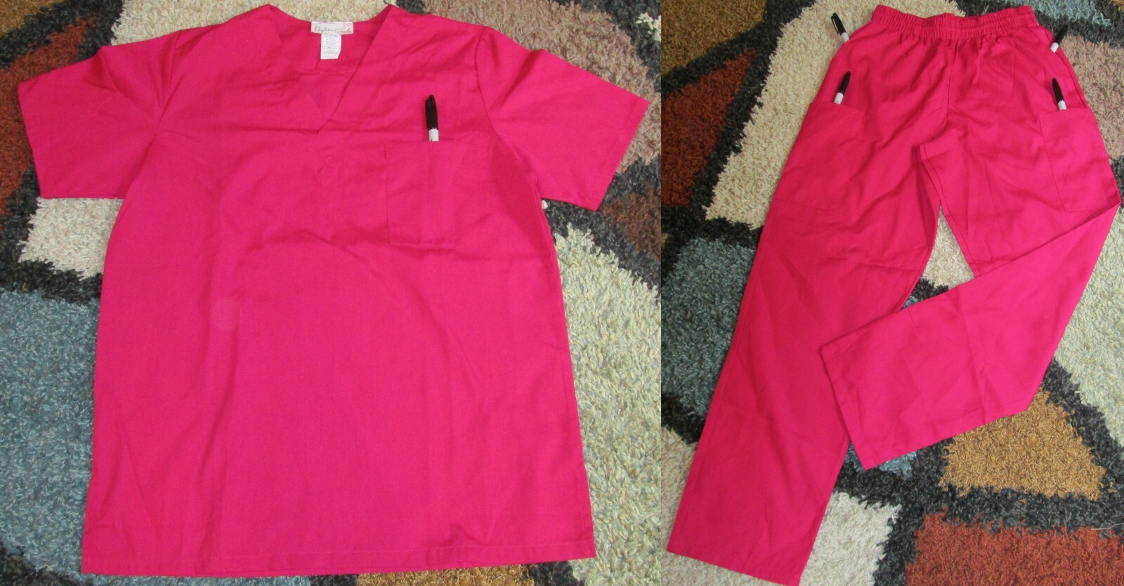 2 pc Scrub Set 1 Pocket Top Elastic Waist 5 Pockets Cargo Pant Fuchsia Pink XS