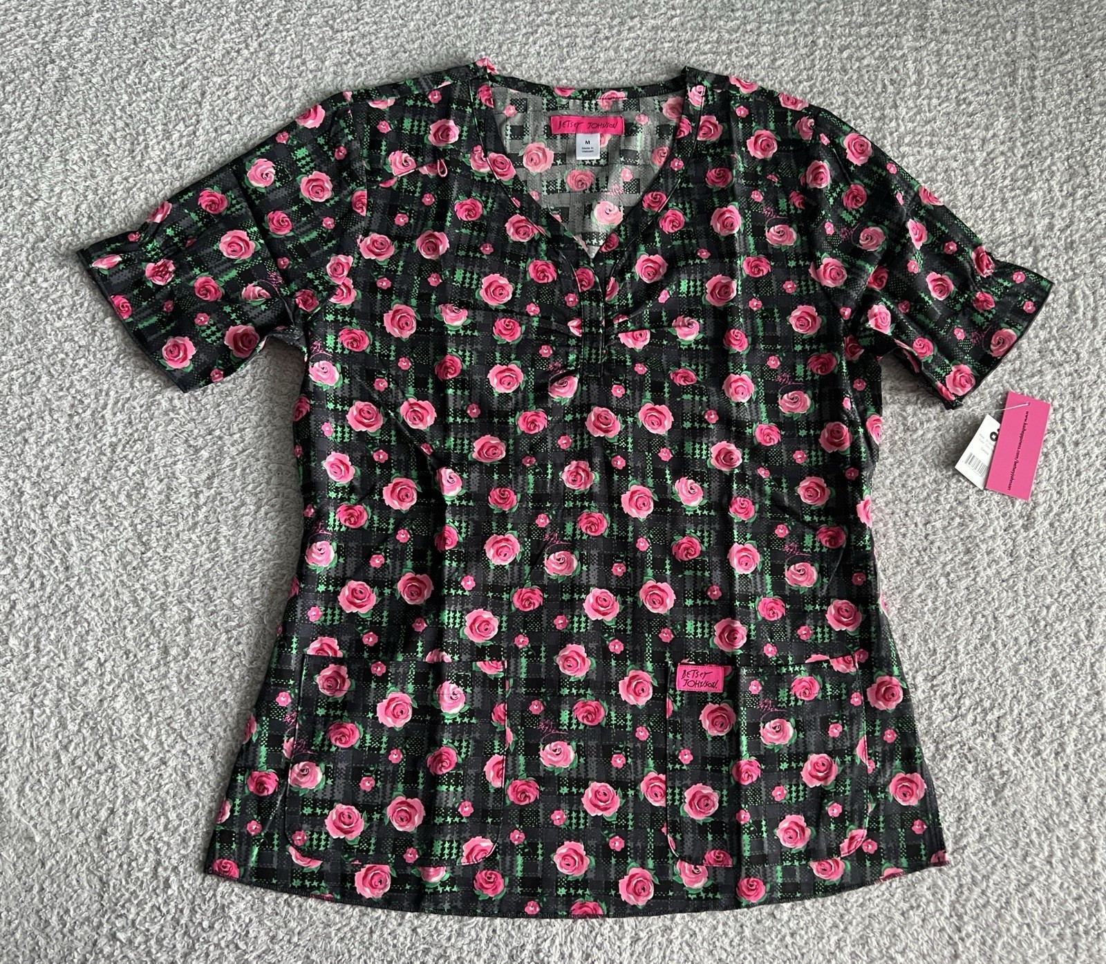 Koi Betsey Johnson Scrub Top Women’s Sz Medium Gray Cozy Roses Floral Nursing