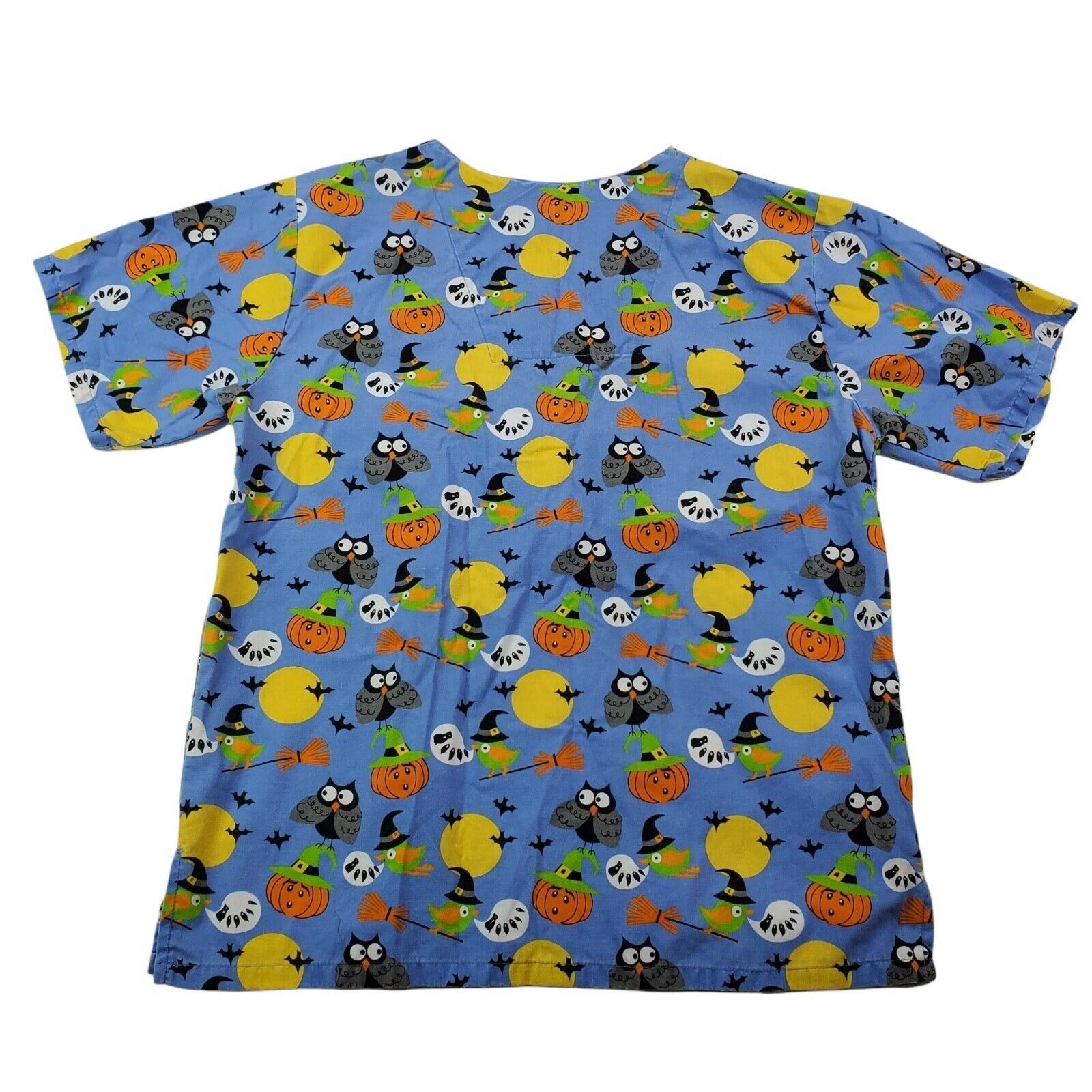 The Scrub Co. Womens Large Scrub Top Shirt Halloween Themed Blue Owl Witch Bird