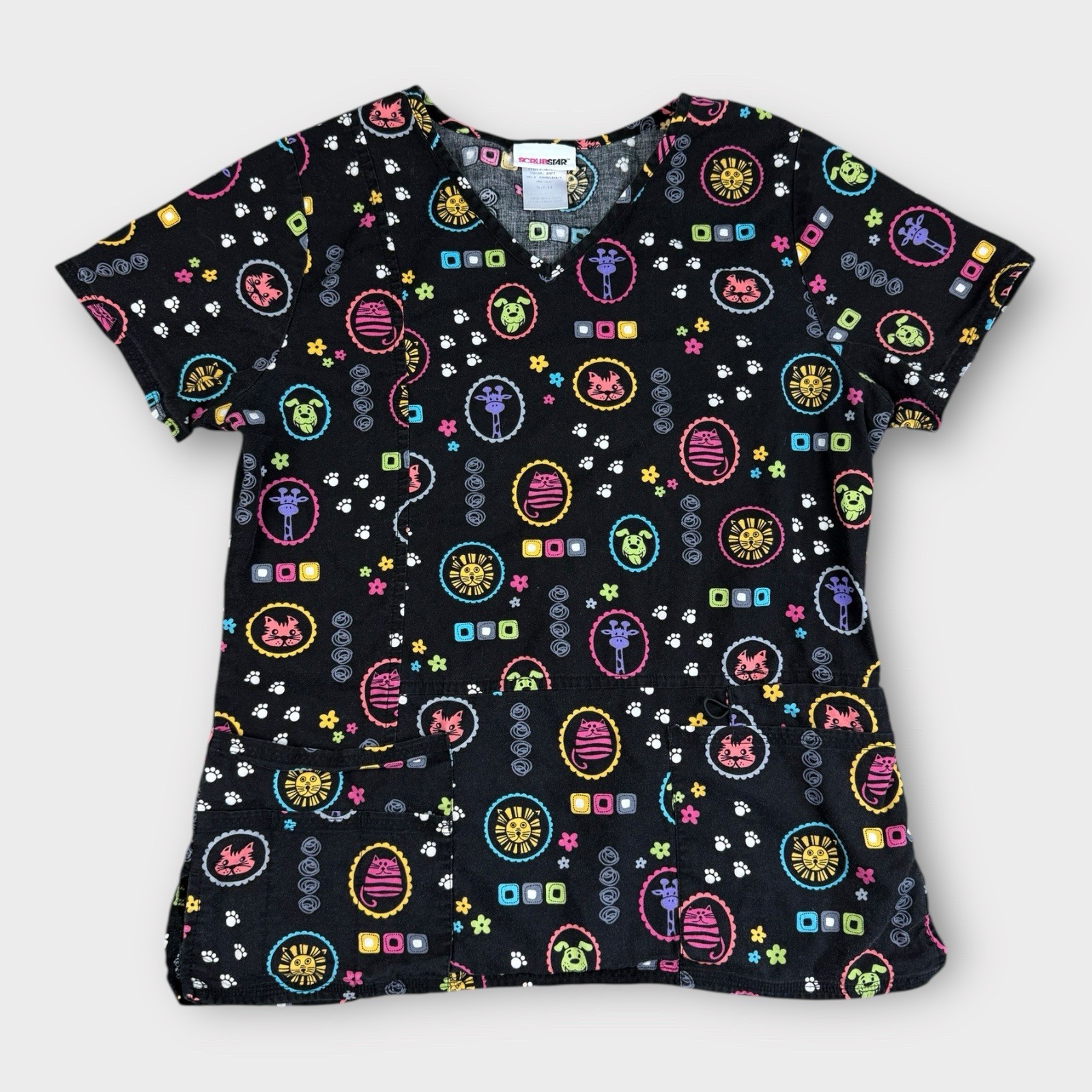 Scrubstar Women Black Animal Print Scrub Top V-Neck Small Cat Dog Giraffe Lion
