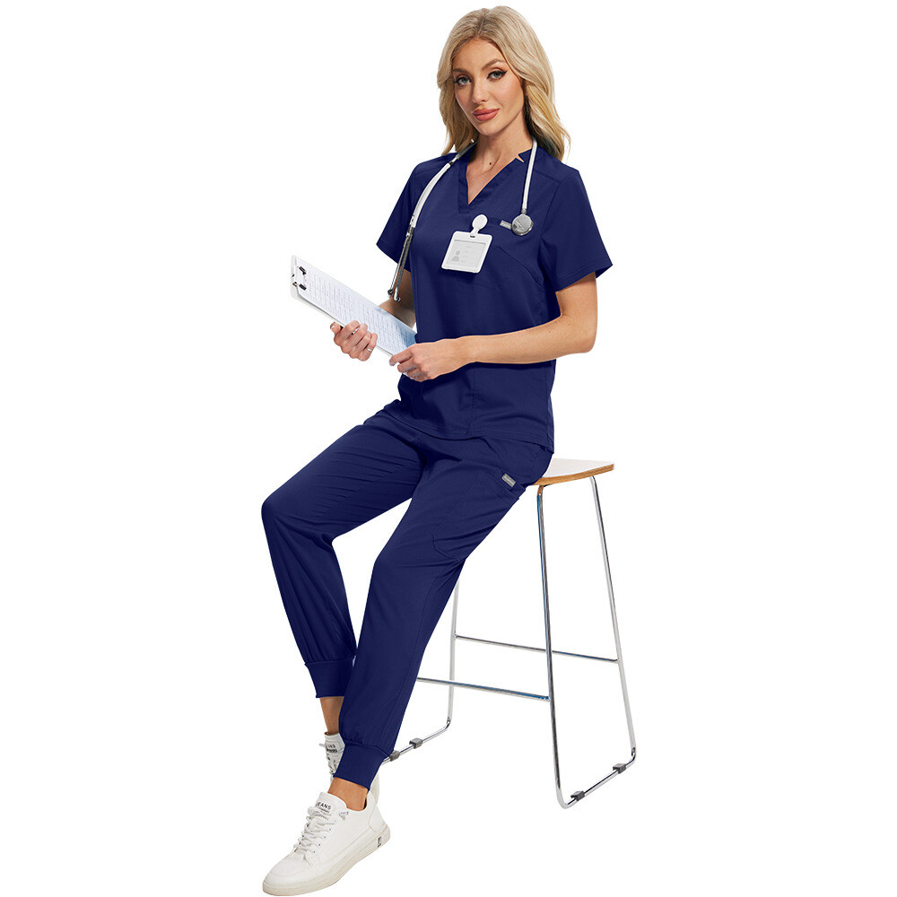 Unisex Stretch Jogger Scrub Set Solid V-Neck Top Men Women Jogger Nurse Uniform