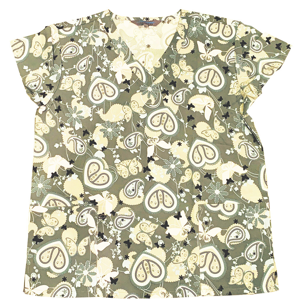 Womens Microfiber Medical Scrub Tops Oliva Green Heart Butterfly Flowers 2XL