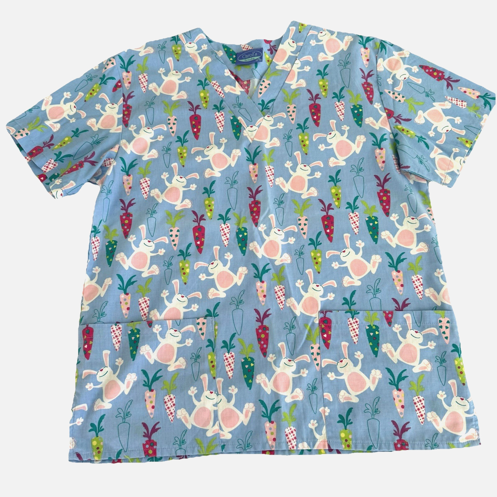 Scrub Top Women’s M Easter Bunny Carrots Blue VNeck Uniform Medical RN LPN