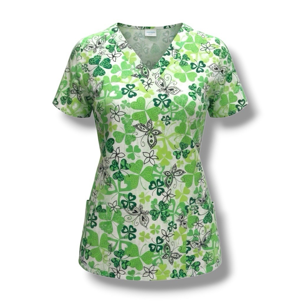 UA Scrubs Women’s Scrub Top Butterfly Green St. Patrick’s Irish Shamrock – Large