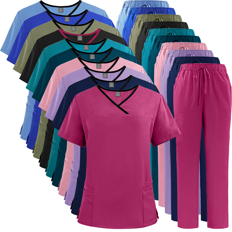 NiaaHinn Scrub Set Women Medical Nurse Hospital Clinic Uiforms Top Pant Straight