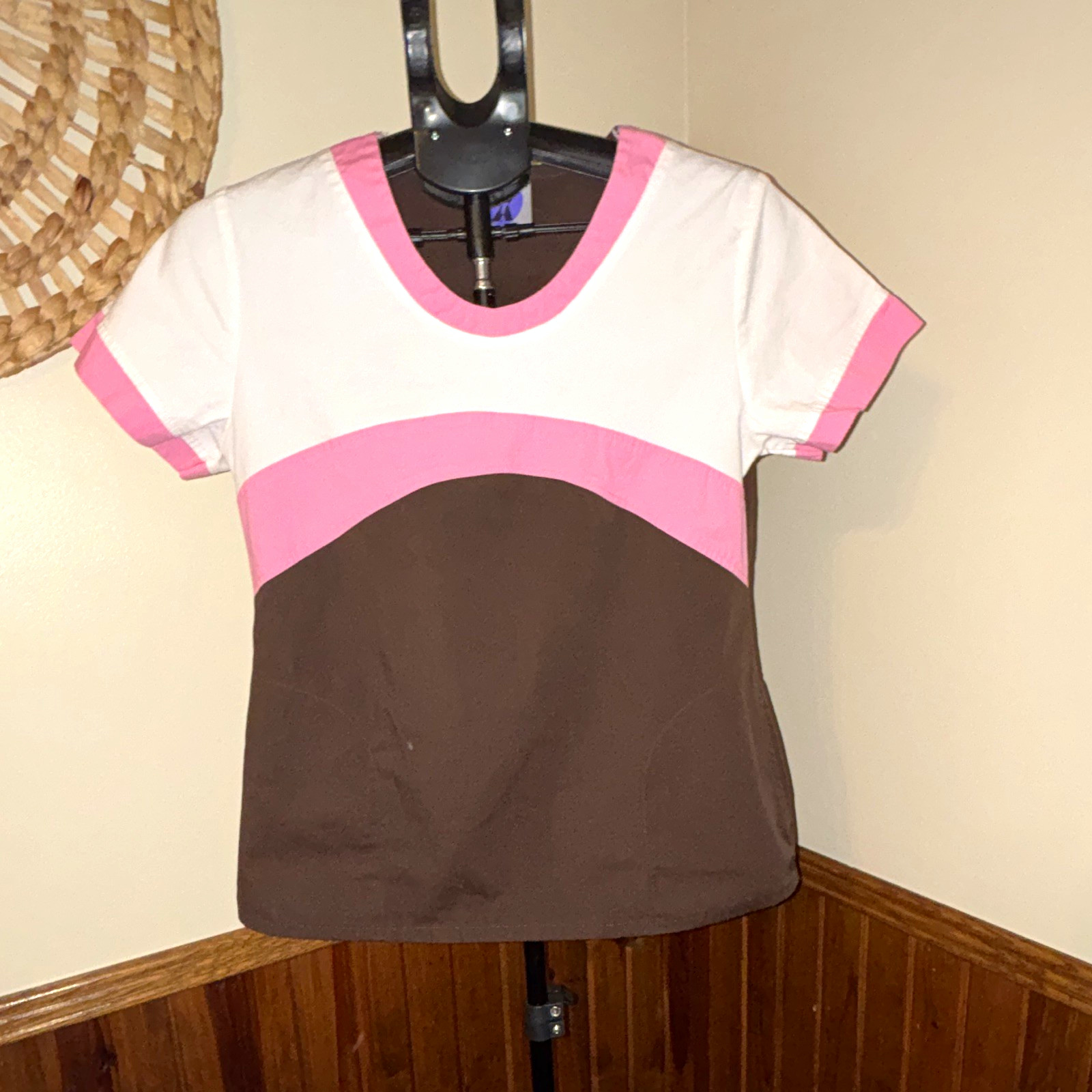 Landau XF Women’s Scrub Top M Colorblock V-Neck Short Sleeve Brown Pink