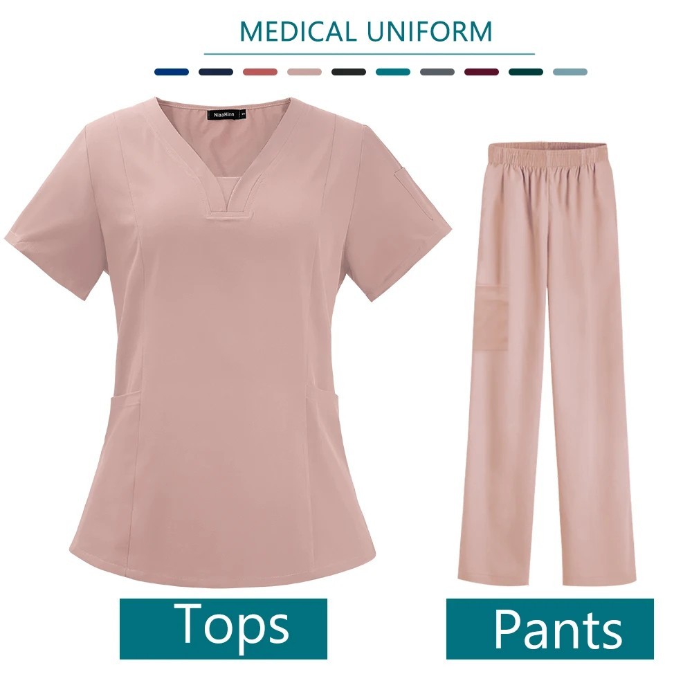 Women’s Medical Scrub Set V Neck Nursing Uniform Top Pants Workwear