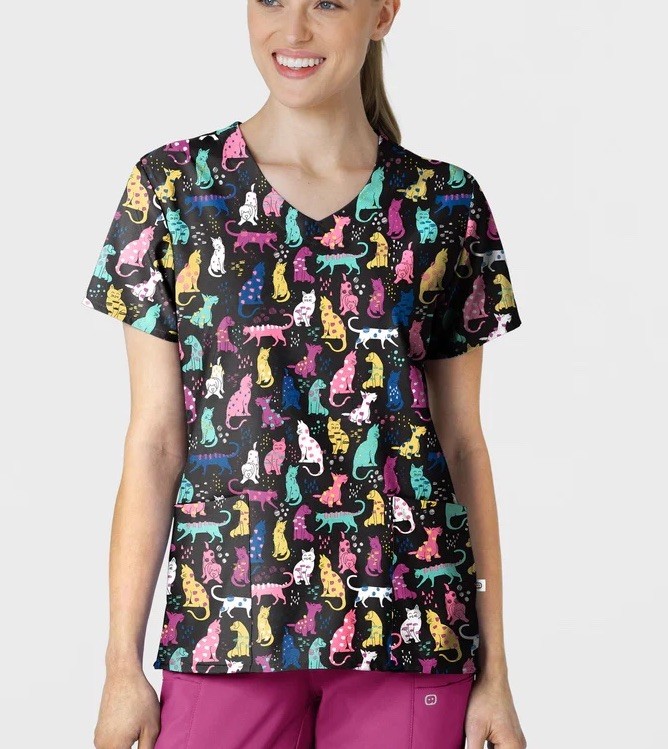 Wink Black Scrub Top With Multicolor Cats & Dogs Darling Dots Scrub Top Medium