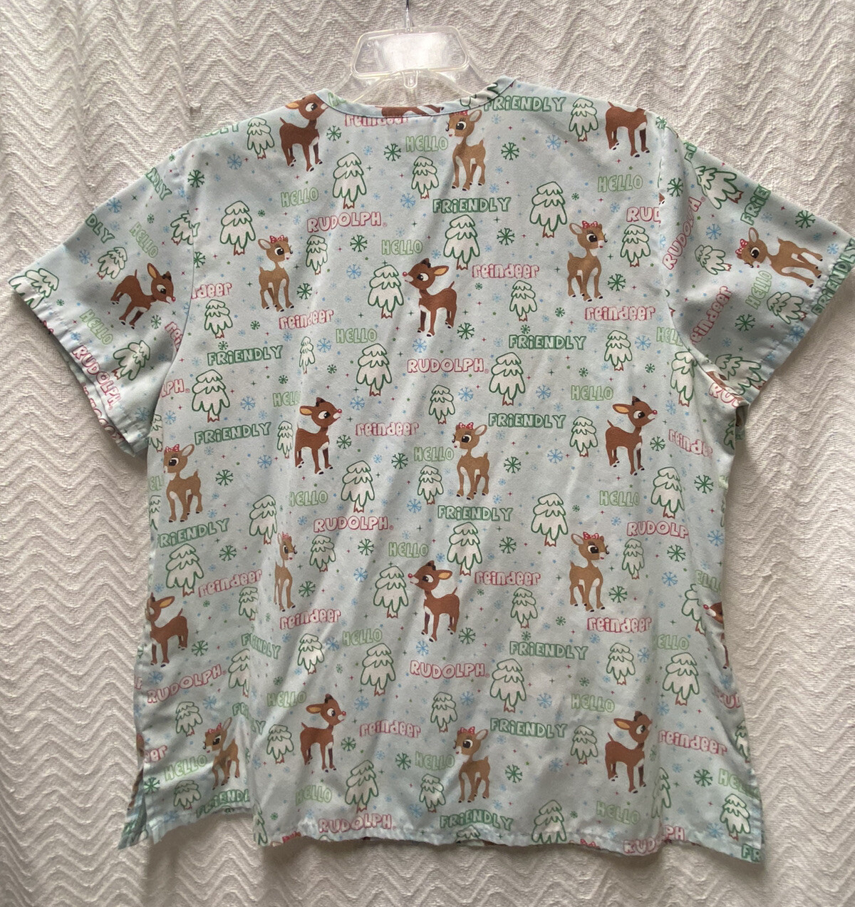 Rudolph The Red Nosed Reindeer Patterned Multicolored Size XL Scrub Top