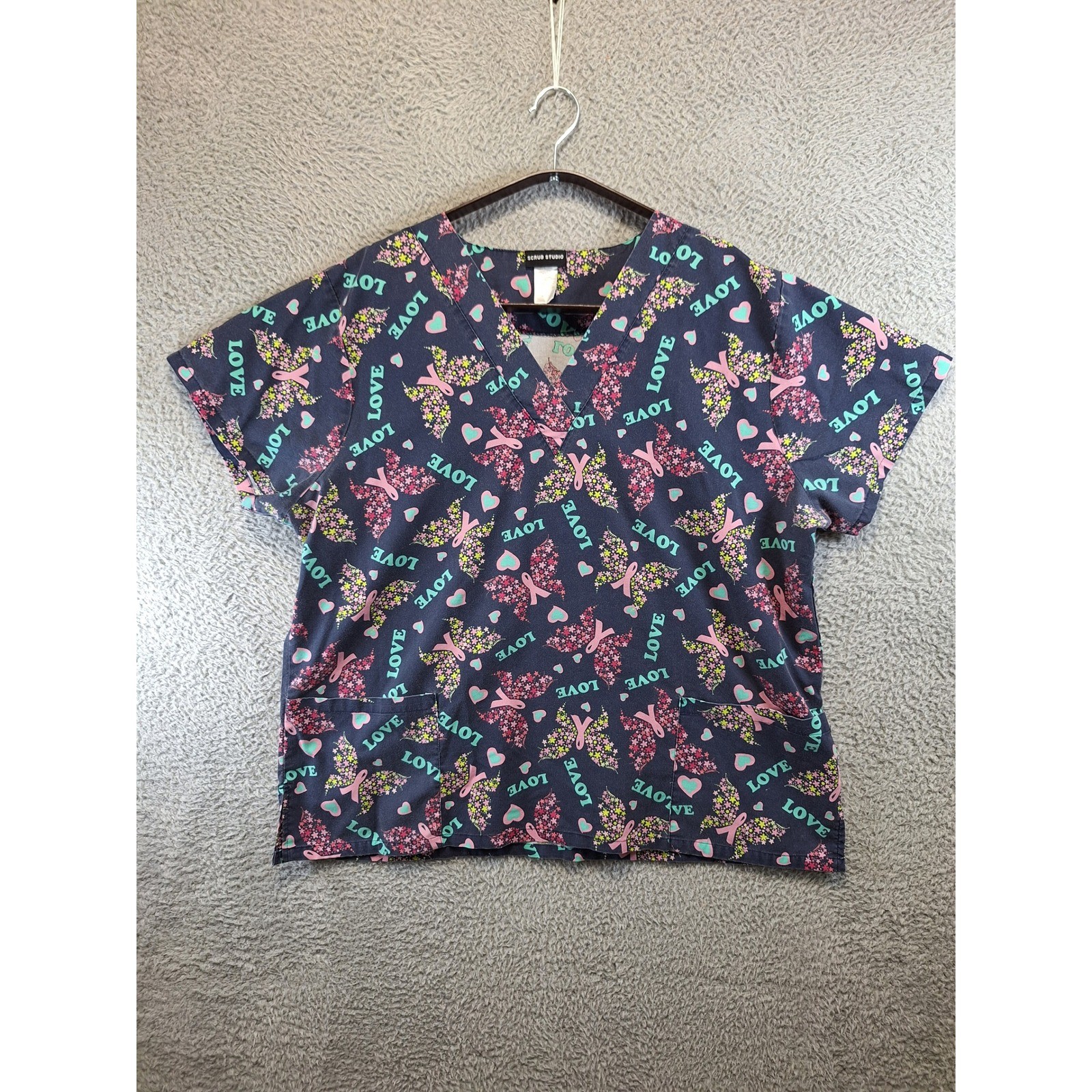 Scrub Studio Scrub Women 2X Multicolor Butterfly Breast Cancer Awareness Love