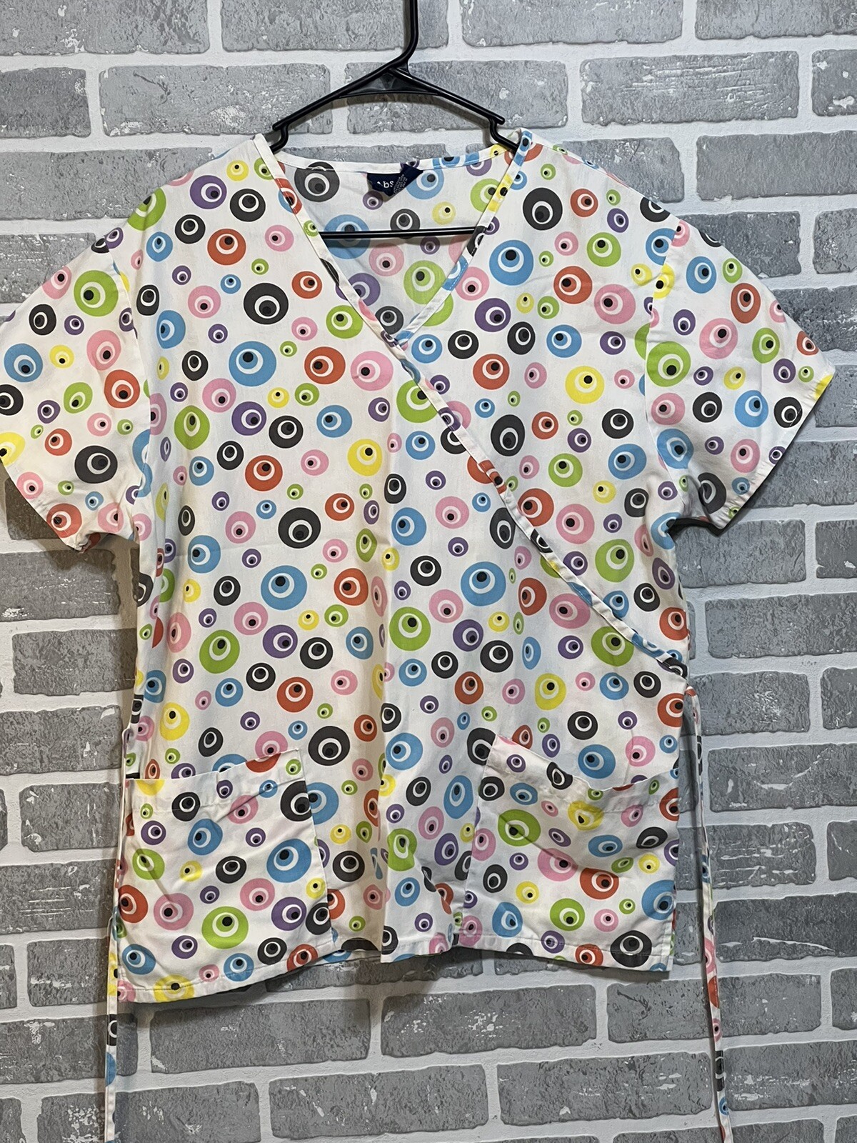 Scrub Top Absolute Women’s XL Scrub Top Multi Color Circle Dots Ties
