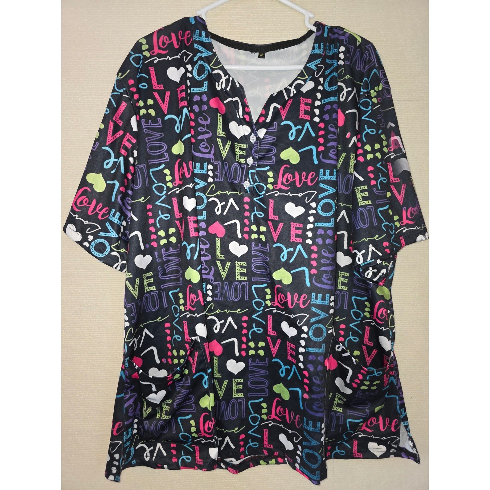 Womens Neon Love Heart Print Scrub Top Black Henley V-Neck 2 Pocket 3XL