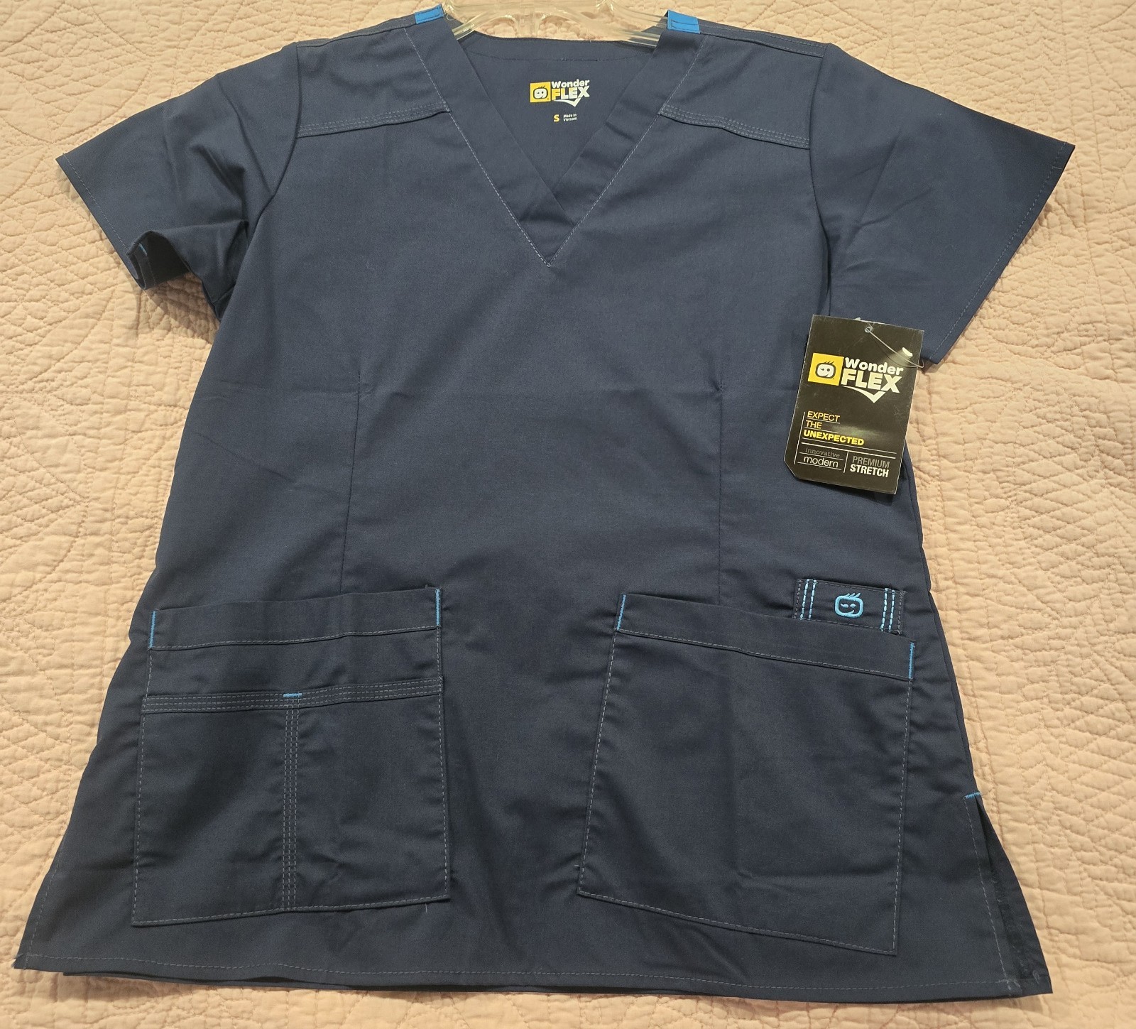 WonderWink Navy Blue S Medical Scrub Top Cotton Blend Polyester Spandex Solid