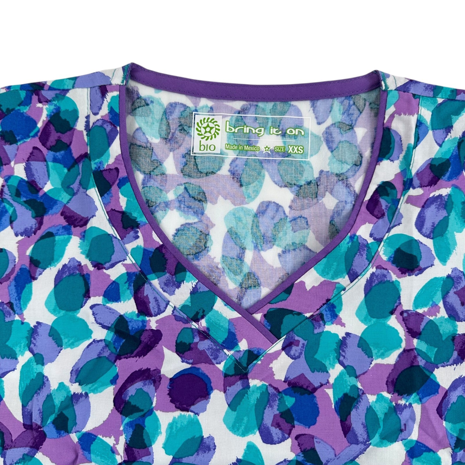 BIO Scrub Top 2XS Women’s XXS Print Blue Purple Ocean Medical Extra Small NWT