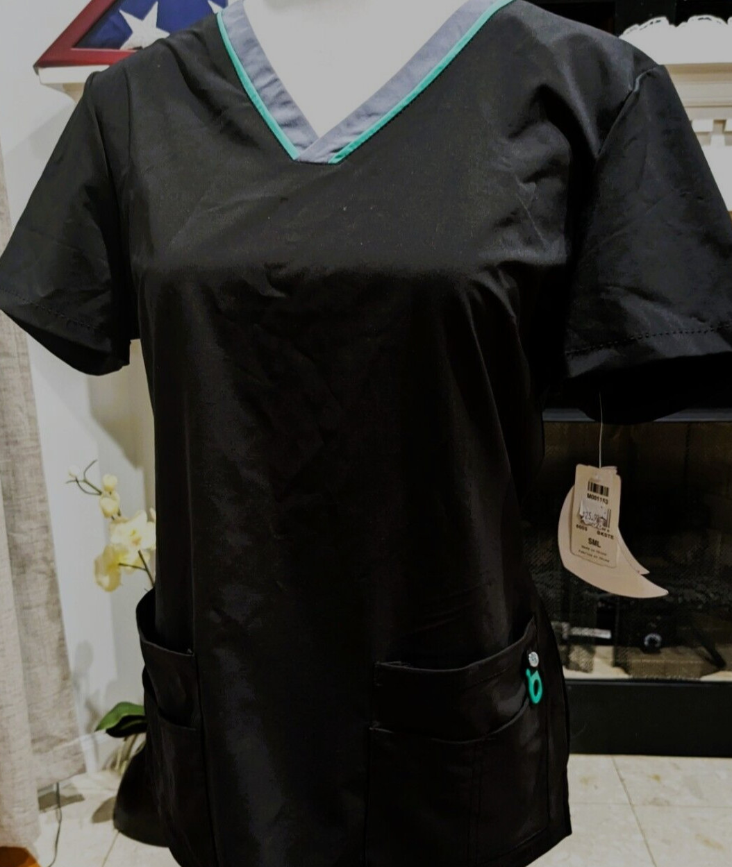 Landau Lynx Unleashed Medical Healthcare Scrub Top, Sz. Sm., Color~Black w/Trim