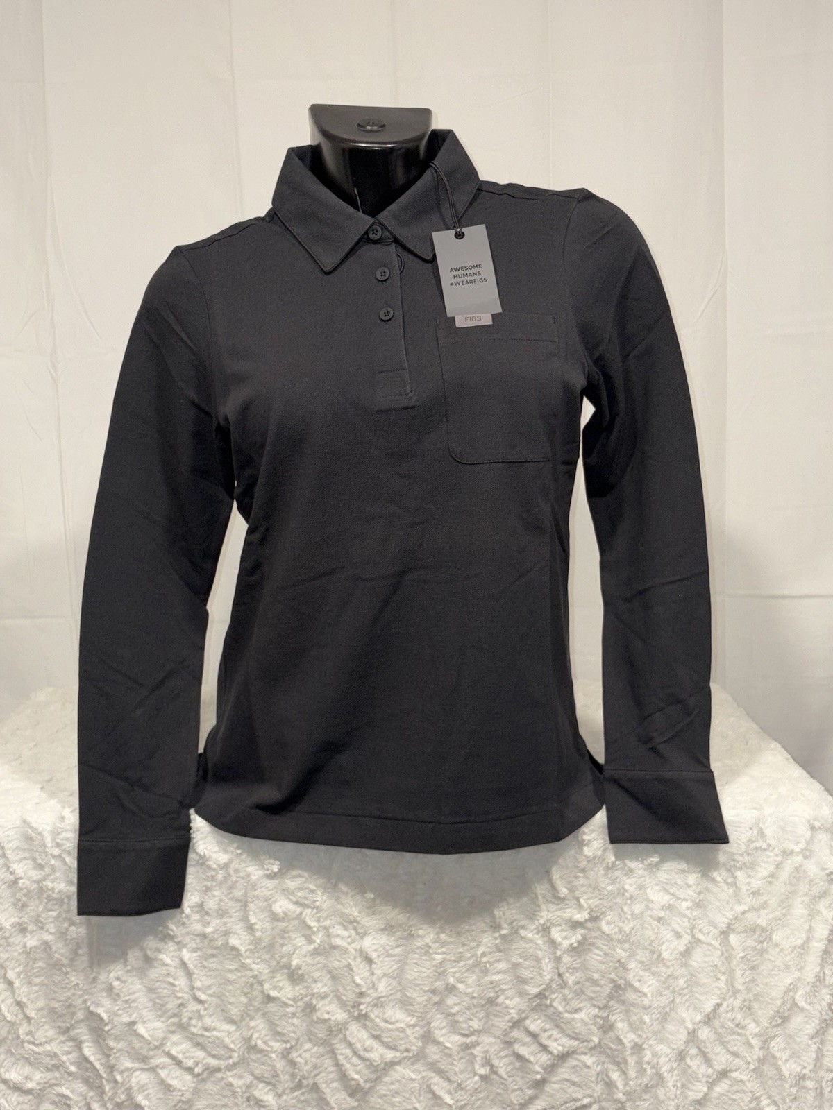 FIGS WOMENS NURSE TECH PIQUE LONG SLEEVE POCKET BLACK SCRUB POLO SHIRT XS NWT