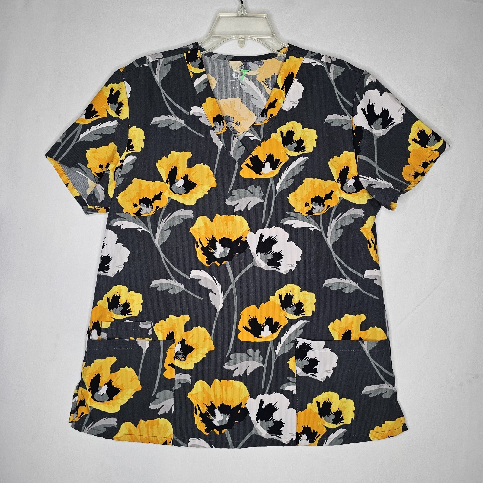 GT Performance Scrub Top Womens Large Poppies Flowers Floral 3 Pockets SideSlits