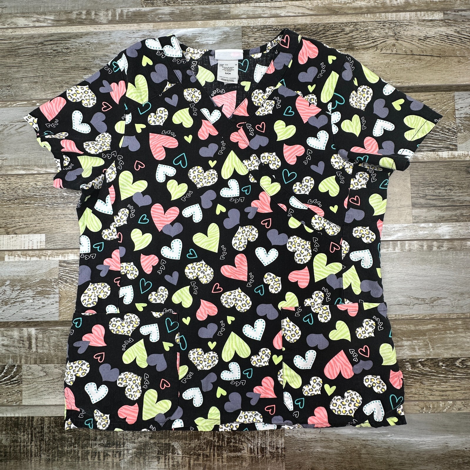Women’s S ScrubStar Top Black multicolor Hearts Nurse Medical