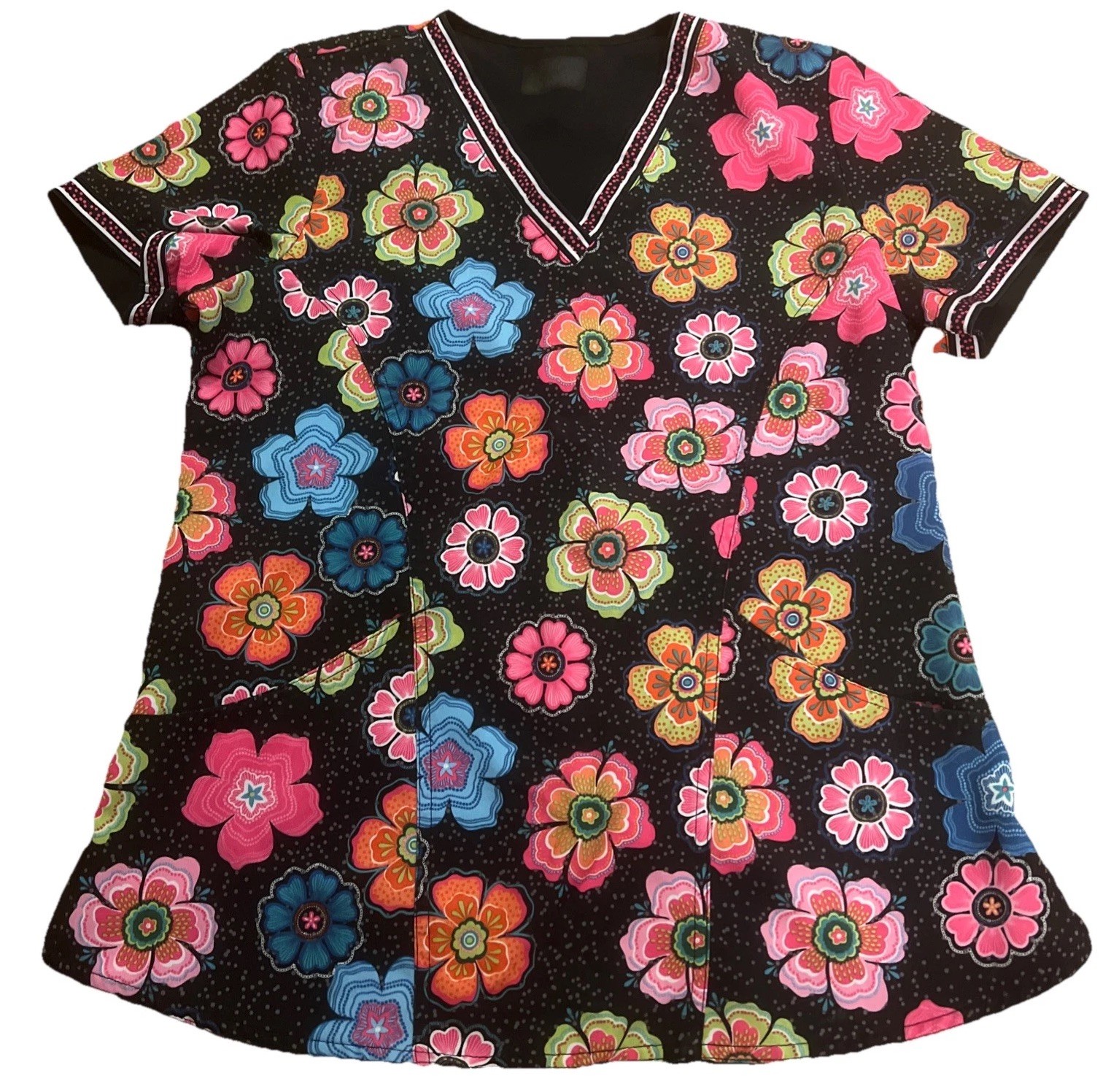 Women’s Scrub Top Black Pink Floral Sz Small Mod Retro Bright V Neck Medical