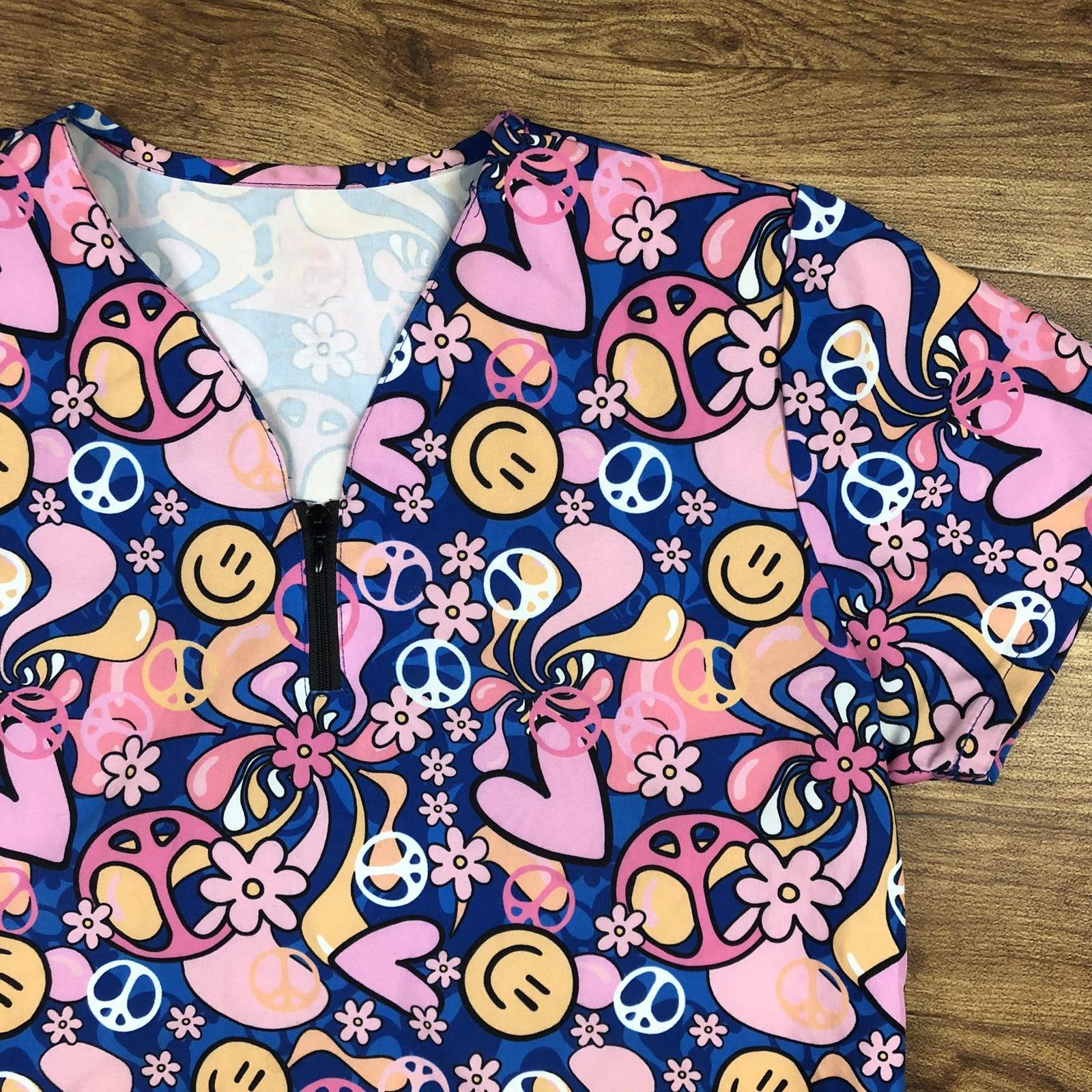 JDM Women Sz S Multicolor Smiley Face Peace Signs Scrubs Top Work Uniform
