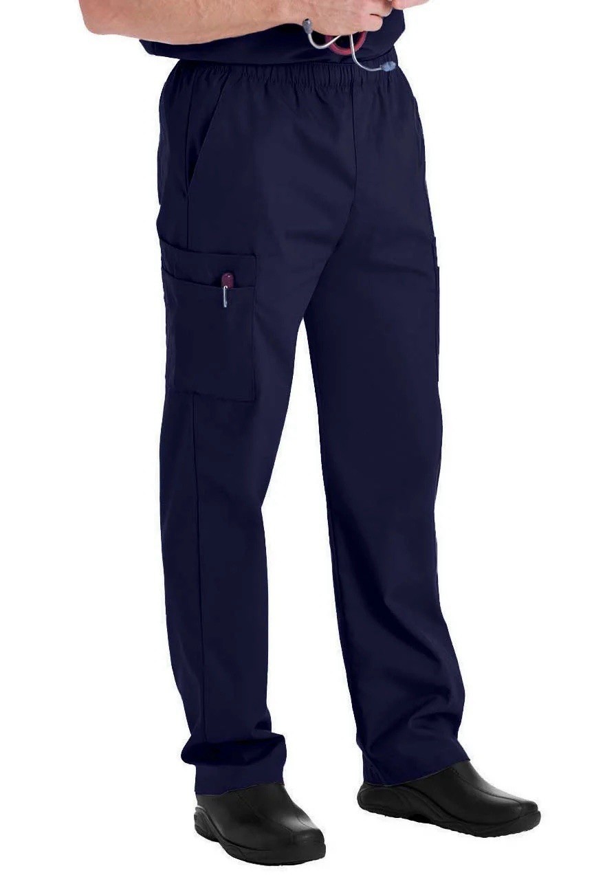 7-Pocket Elastic Waist Mens Scrubs Cargo Pants Navy Blue Size Medium