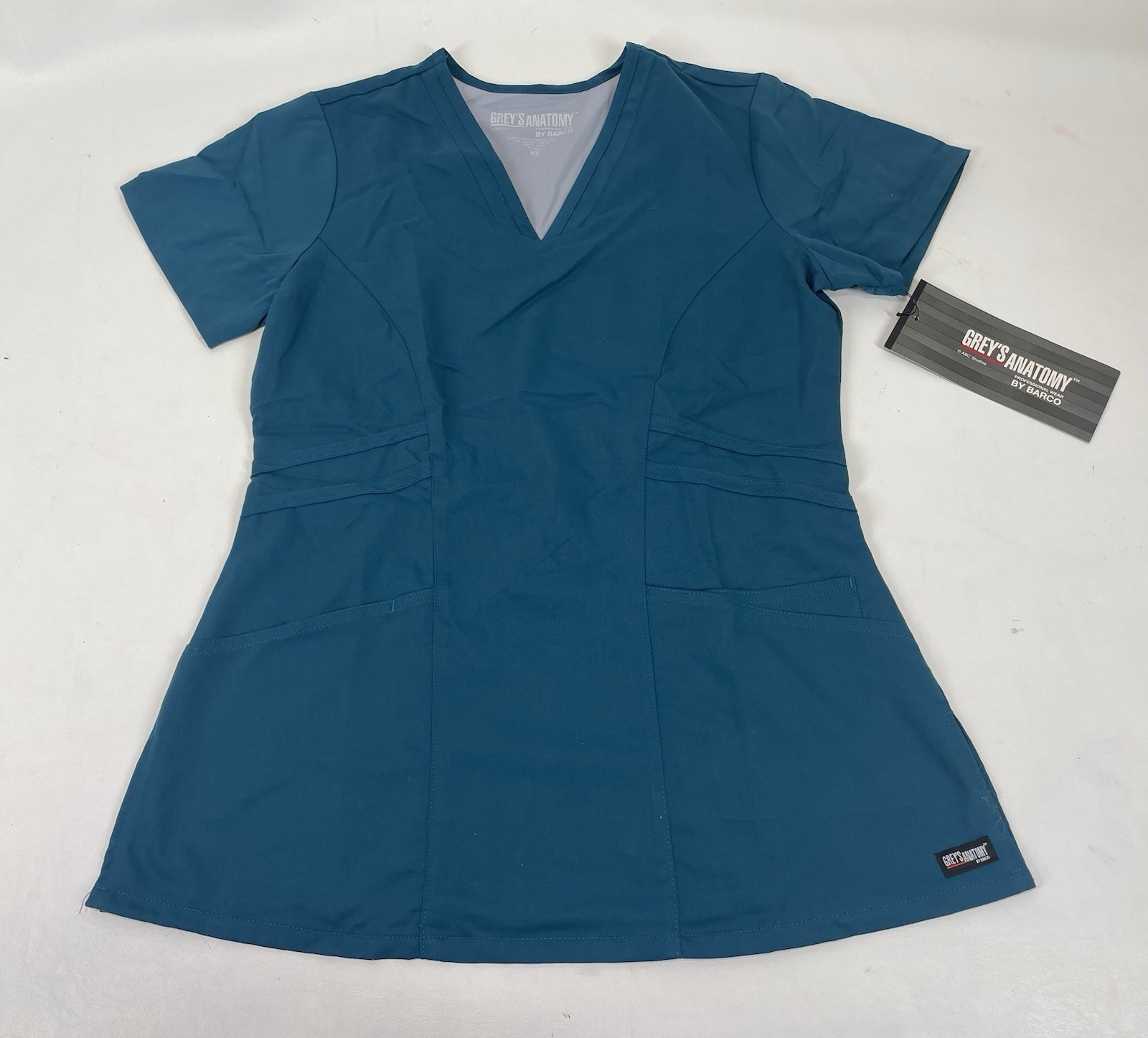 Greys Anatomy Barco Scrub 3PKT Stylized Princess V Neck Top Womens XS Bahama NWT